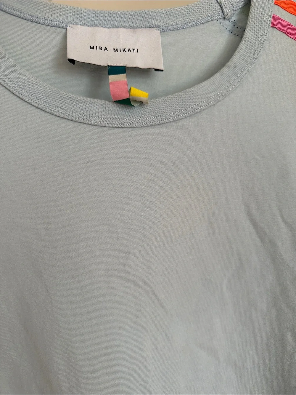 Mira Mikati Light Blue Tee with Teal, Orange & Pink Shoulder Stripes